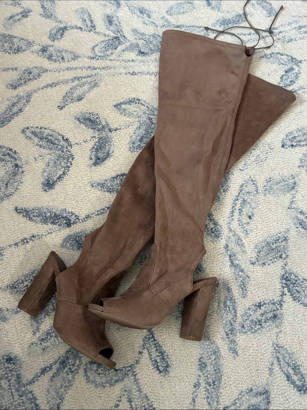 Over-the-Knee Peep-Toe Suede Wild Diva Boots in Brown/Tan.